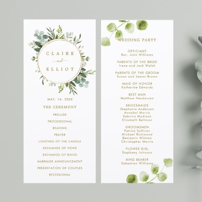 Botanical Gold Greenery Wedding Ceremony Program Programme (Front & Back)