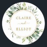 Botanical Gold Greenery Wedding Classic Round Sticker<br><div class="desc">This wedding sticker features painted watercolor eucalyptus greenery,  green leaves and a gold circular frame. For more advanced customisation of this design,  Please click the "Customise further" link.  Matching items are also available.</div>