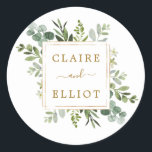 Botanical Gold Greenery Wedding Classic Round Sticker<br><div class="desc">This wedding sticker features painted watercolor eucalyptus greenery,  green leaves and a gold square frame. For more advanced customisation of this design,  Please click the "Customise further" link.  Matching items are also available.</div>