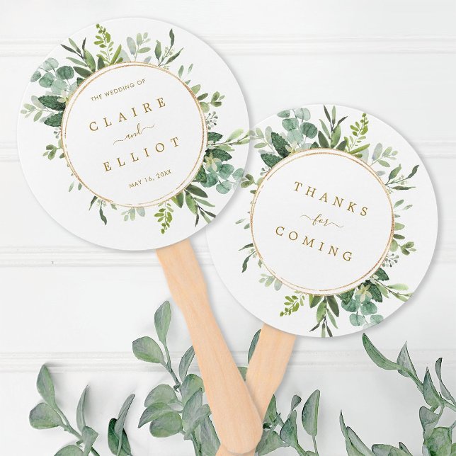 Botanical Gold Greenery Wedding Hand Fan (Front & Back)