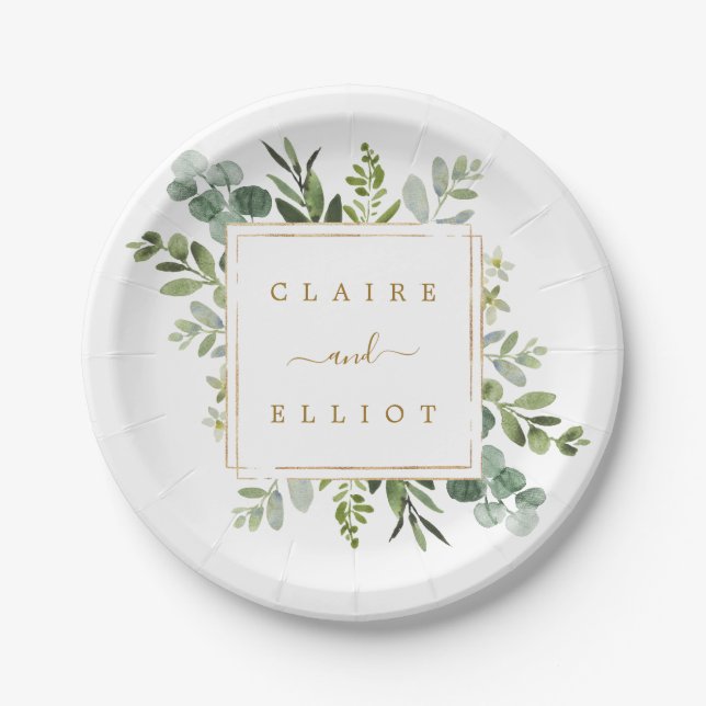 Botanical Gold Greenery Wedding Paper Plate (Front)
