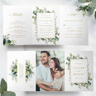 Botanical Gold Greenery Wedding Photo Tri-Fold Invitation