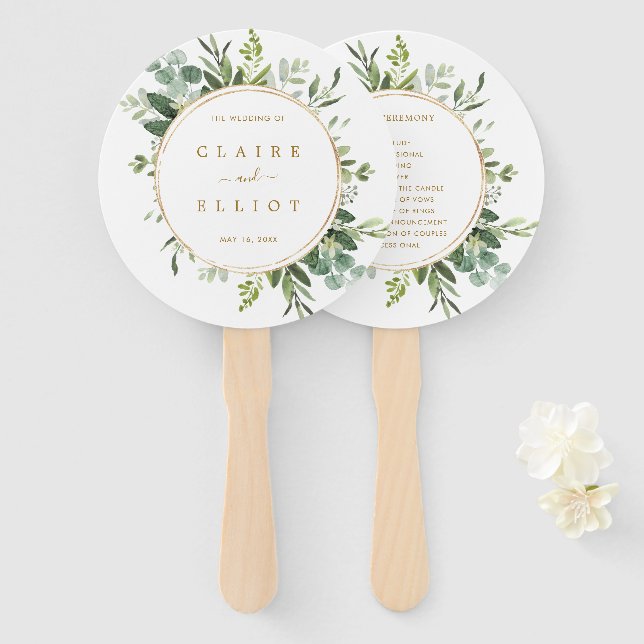 Botanical Gold Greenery Wedding Program Hand Fan (Front and Back)
