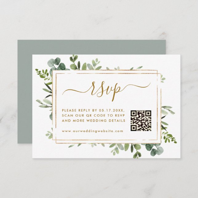 Botanical Gold Greenery Wedding RSVP with QR Code Enclosure Card (Front/Back)