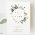 Botanical Gold Greenery Wedding Save the Date Card<br><div class="desc">This wedding save the date invitation features painted watercolor eucalyptus greenery,  green leaves and a gold circle frame. For more advanced customisation of this design,  Please click the "Customise further" link.  Matching items are also available.</div>
