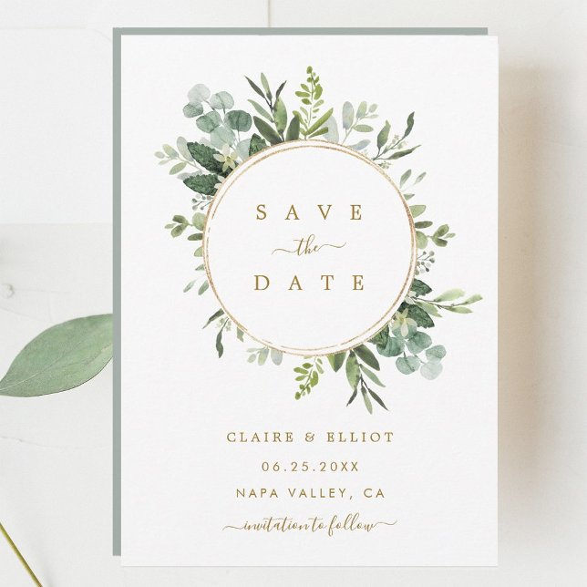 Botanical Gold Greenery Wedding Save the Date Card (Creator Uploaded)