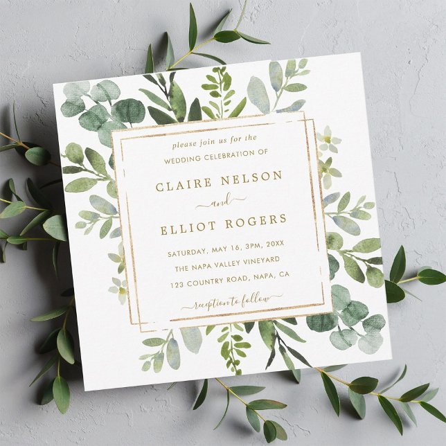 Botanical Gold Greenery Wedding Square Invitation (Creator Uploaded)