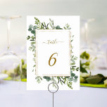 Botanical Gold Greenery Wedding Table Number<br><div class="desc">This wedding table number card features painted watercolor eucalyptus greenery,  green leaves and a faux gold rectangular frame. For more advanced customisation of this design,  Please click the "Customise further" link.  Matching items are also available.</div>