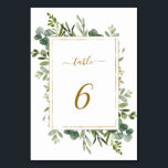 Botanical Gold Greenery Wedding Table Number<br><div class="desc">This wedding table number card features painted watercolor eucalyptus greenery,  green leaves and a faux gold rectangular frame. For more advanced customisation of this design,  Please click the "Customise further" link.  Matching items are also available.</div>