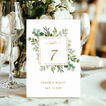 Botanical Gold Greenery Wedding Table Number Card<br><div class="desc">This wedding table number card features painted watercolor eucalyptus greenery,  green leaves and a gold square frame. For more advanced customisation of this design,  Please click the "Customise further" link.  Matching items are also available.</div>