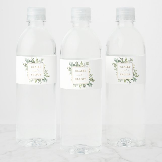 Botanical Gold Greenery Wedding Water Bottle Label (Bottles)