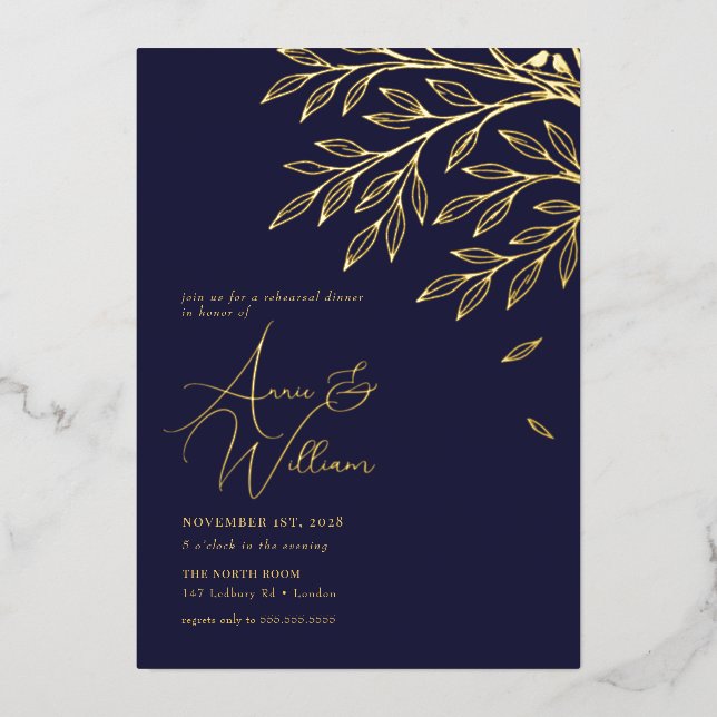 Botanical Gold Leaf Navy Rehearsal Dinner  (Front)