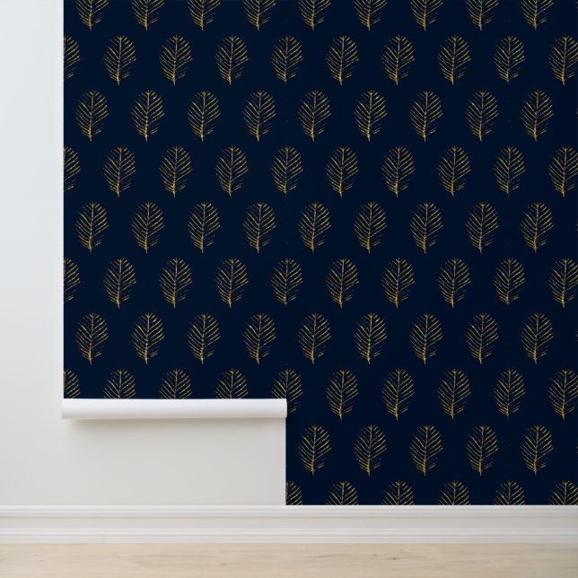 Botanical Gold Leaves in Blue Floral Pattern Wallpaper (Application)