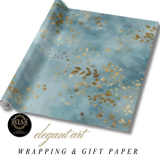 Botanical Gold Leaves Nature Pattern Teal Wrapping Paper (Boho Golden Leaves Teal Gifting Aesthetic Wrapping Paper)