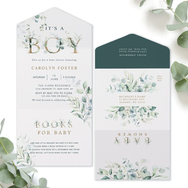 Botanical Gold Letter Baby Shower | Books For Baby All In One Invitation (Inside & Outside)