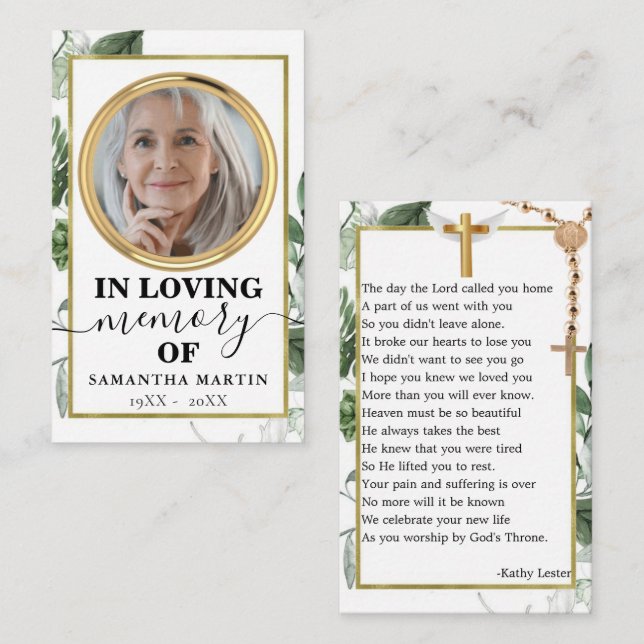 Botanical Gold Modern Memorial Prayer Photo Card (Front/Back)