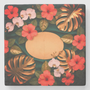Botanical Gold Monstera Hibiscus Elegant Luxury  Stone Coaster