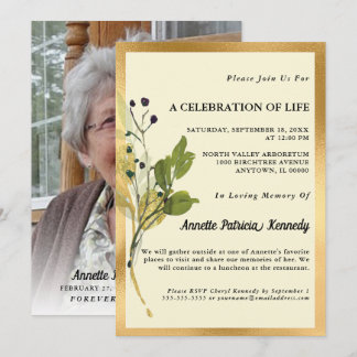 Botanical Gold Photo Memorial Invitation