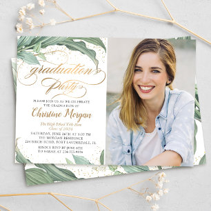 Botanical Gold Script Graduation Party Photo Invitation