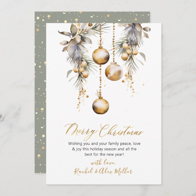 Botanical Gold Script Non Photo Merry Christmas Holiday Card (Front/Back)