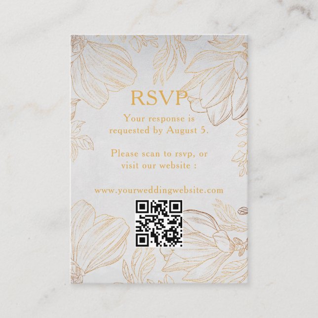  Botanical Golden Floral QR Code Wedding RSVP Enclosure Card (Front)