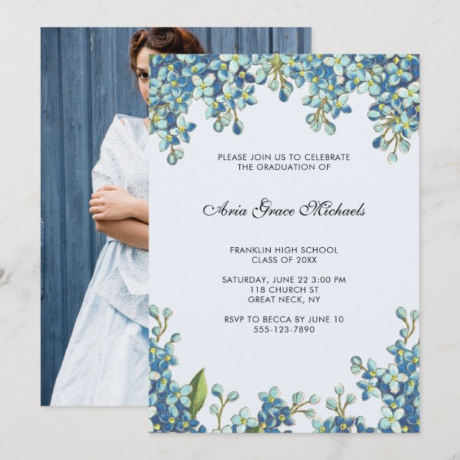 Botanical Graduation Party Photo Invitation Blue (Front/Back)