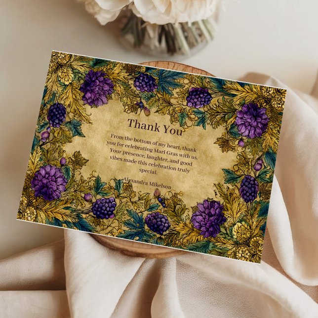 Botanical Grape Mardi Gras Masquerade Thank You Card (Creator Uploaded)