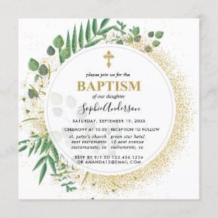 Botanical Green And Gold Baptism Invitation
