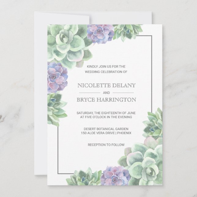 Botanical Green and Purple Succulent Frame Wedding Invitation (Front)