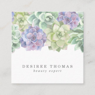 Botanical Green and Purple Watercolor Succulents Square Business Card