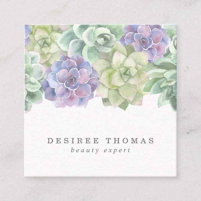 Botanical Green and Purple Watercolor Succulents Square Business Card (Front)