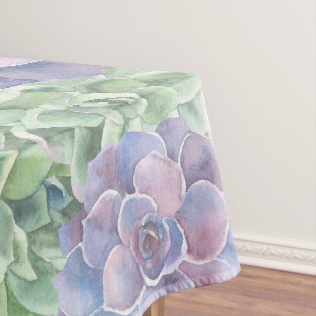 Botanical Green and Purple Watercolor Succulents Tablecloth (In Situ)