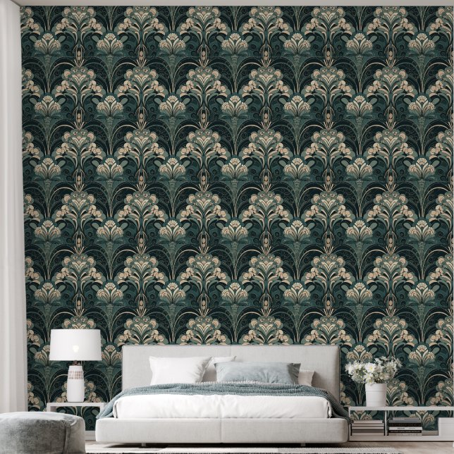 Botanical Green Art Deco Wallpaper (Bedroom)