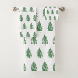 Botanical Green Beautiful Fern Leaves on White Bath Towel Set