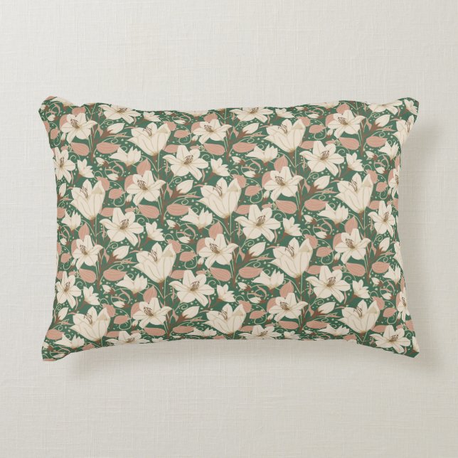 Botanical Green Beige Lily Floral Pattern   Decorative Cushion (Front)