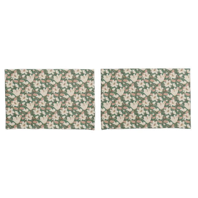 Botanical Green Beige Lily Floral Pattern   Pillowcase (Front-Set)