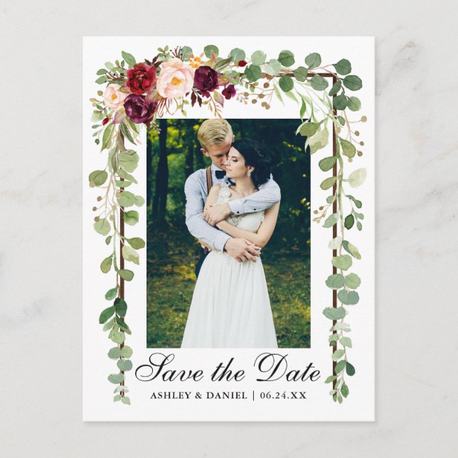 Botanical Green Burgundy Floral Save The Date Announcement Postcard (Front)