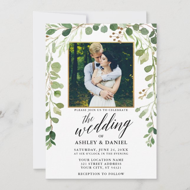 Botanical Green Calligraphy  Gold Frame Wedding Invitation (Front)