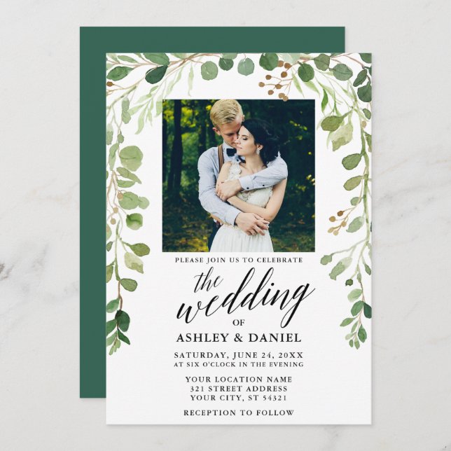 Botanical Green Calligraphy Photo Wedding Invitation (Front/Back)