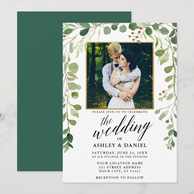 Botanical Green Calligraphy Wedding Gold Frame Invitation (Front/Back)