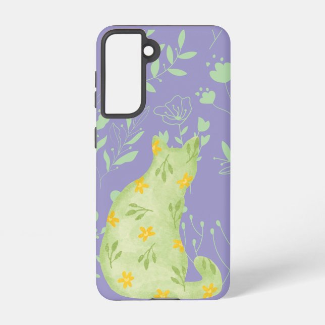 Botanical Green Cat Samsung Case – Purple Floral (Back)