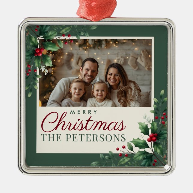 Botanical Green Custom Photo Christmas Ornament (Front)