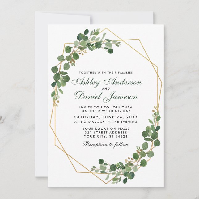 Botanical Green Eucalyptus Wedding Geometric Invitation (Front)
