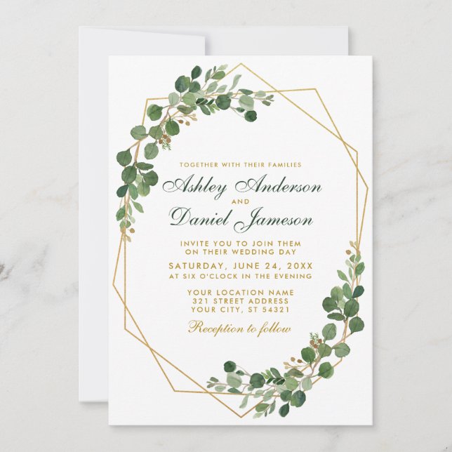 Botanical Green Eucalyptus Wedding Gold Geometric Invitation (Front)