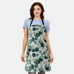 Botanical Green Eucalyptus White Floral Pattern Apron