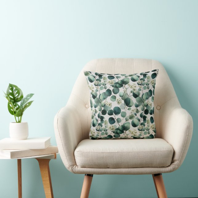 Botanical Green Eucalyptus White Floral Pattern Cushion (Chair)