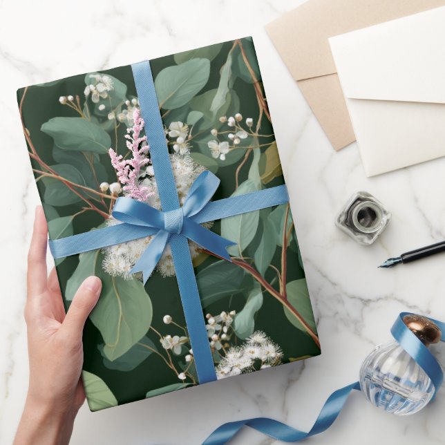 Botanical Green Eucalyptus White Floral Pattern Wrapping Paper (Gifting)