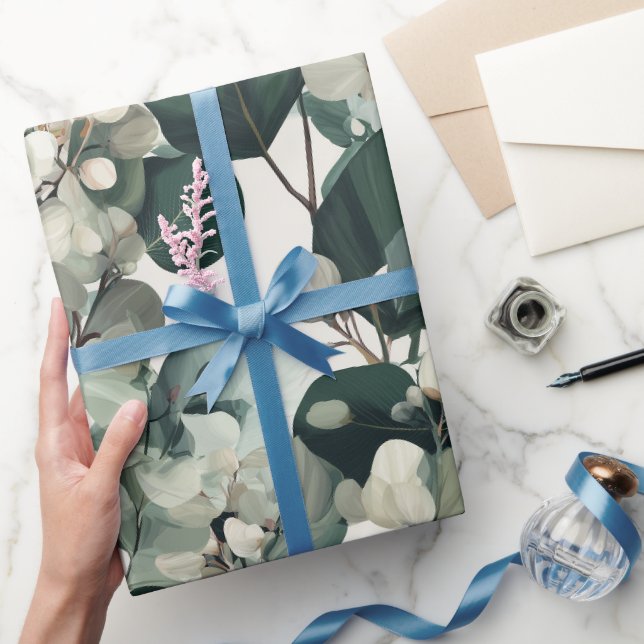 Botanical Green Eucalyptus White Floral Pattern Wrapping Paper (Gifting)