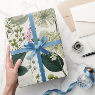 Botanical Green Flower Cream Floral Pattern Wrapping Paper