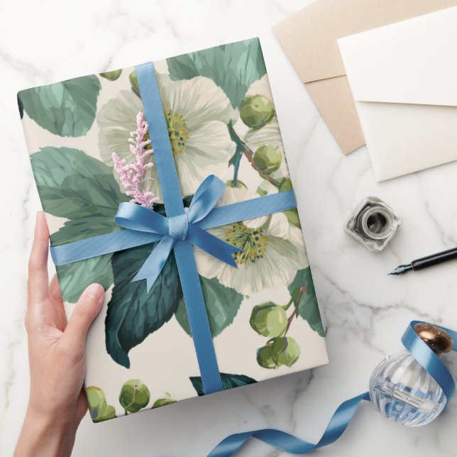 Botanical Green Flower Cream Floral Pattern Wrapping Paper (Gifting)